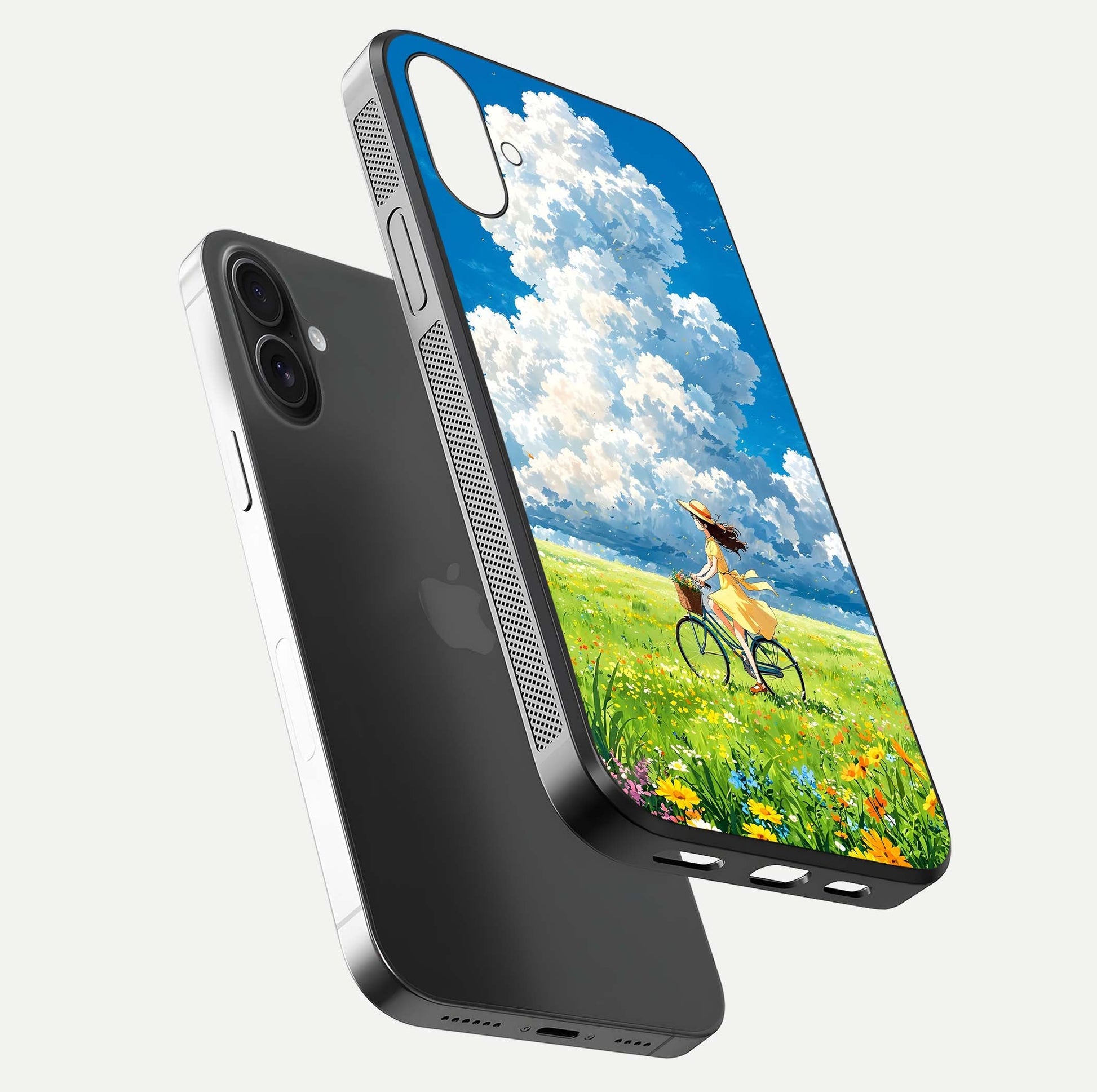 Breezy Meadow Ride Glass Case for iPhone 16 Plus floating mockup capturing serene tones and smooth finish