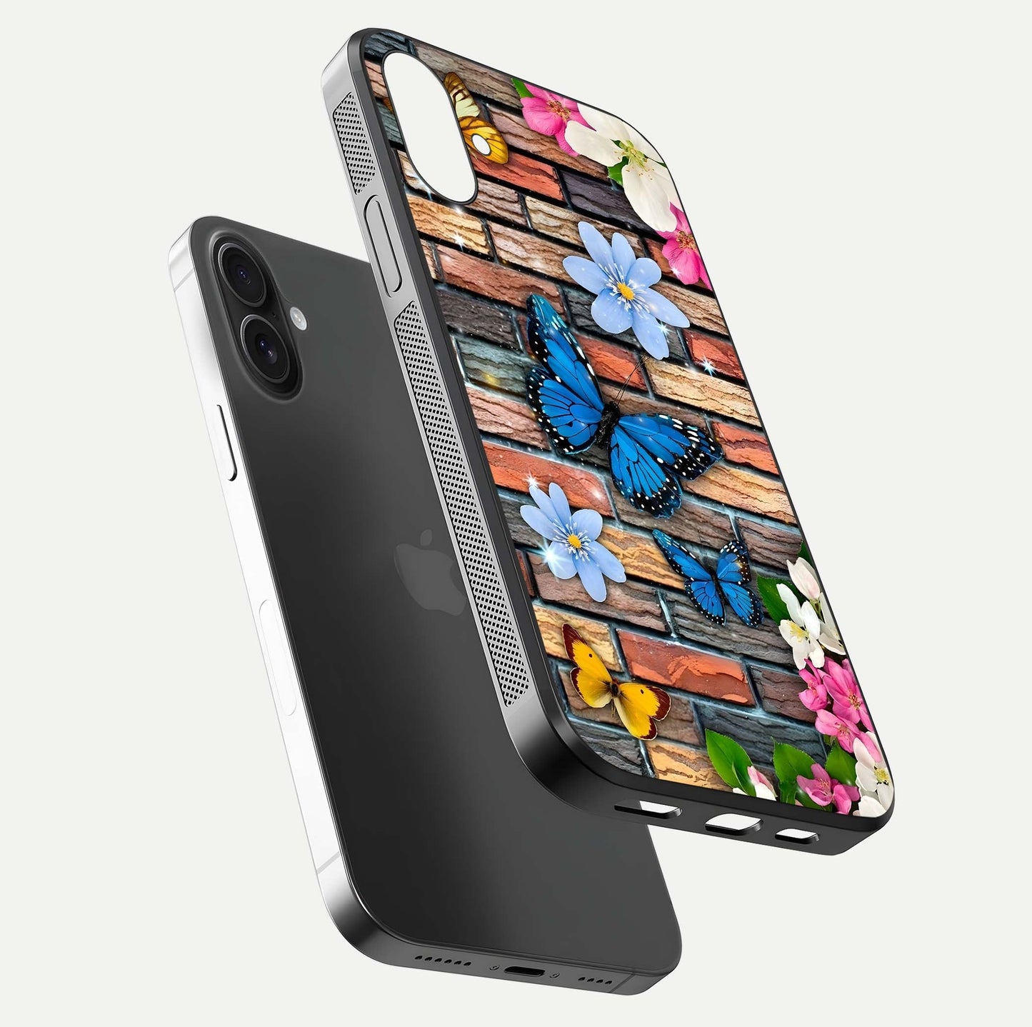 Brick Bloom Flight Glass Case for iPhone 16 Plus floating mockup displaying gloss reflection and pattern vibrancy