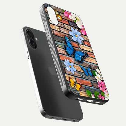 Brick Bloom Flight Glass Case for iPhone 16 Plus floating mockup displaying gloss reflection and pattern vibrancy