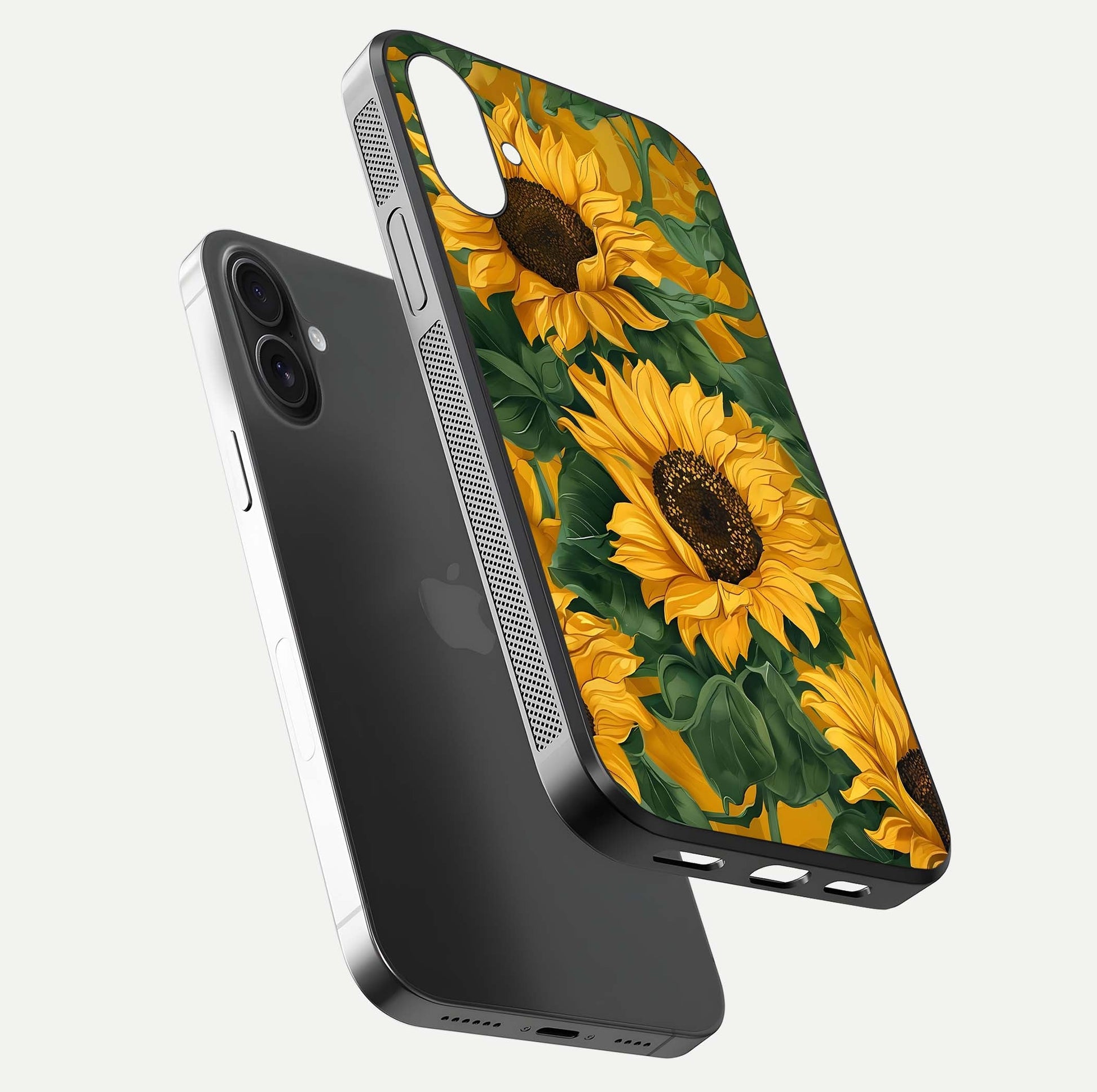 Bright Sunflower Bloom Glass Case for iPhone 16 Plus floating mockup capturing vibrant tones and gloss surface