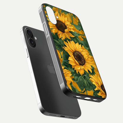 Bright Sunflower Bloom Glass Case for iPhone 16 Plus floating mockup capturing vibrant tones and gloss surface
