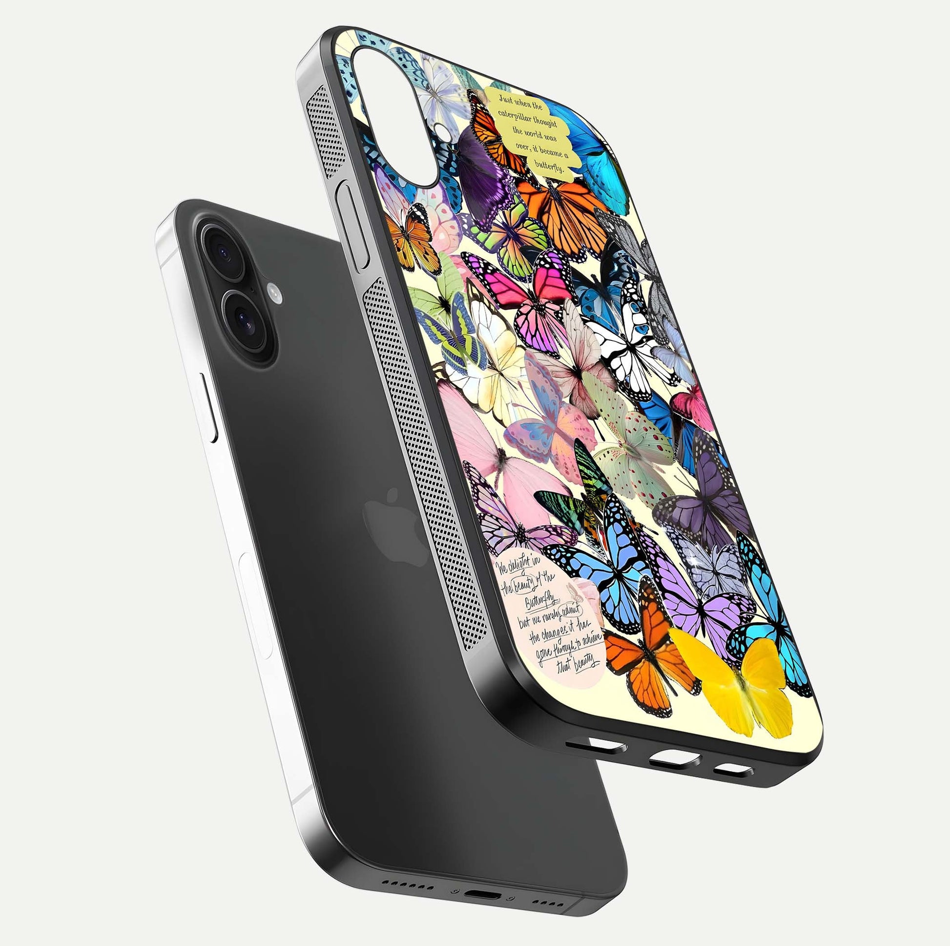 Butterflies Petal Dream Glass Case for iPhone 16 Plus floating mockup displaying detailed print and premium glass glow