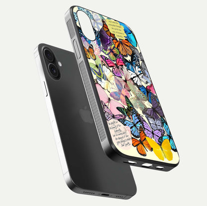 Butterflies Petal Dream Glass Case for iPhone 16 Plus floating mockup displaying detailed print and premium glass glow