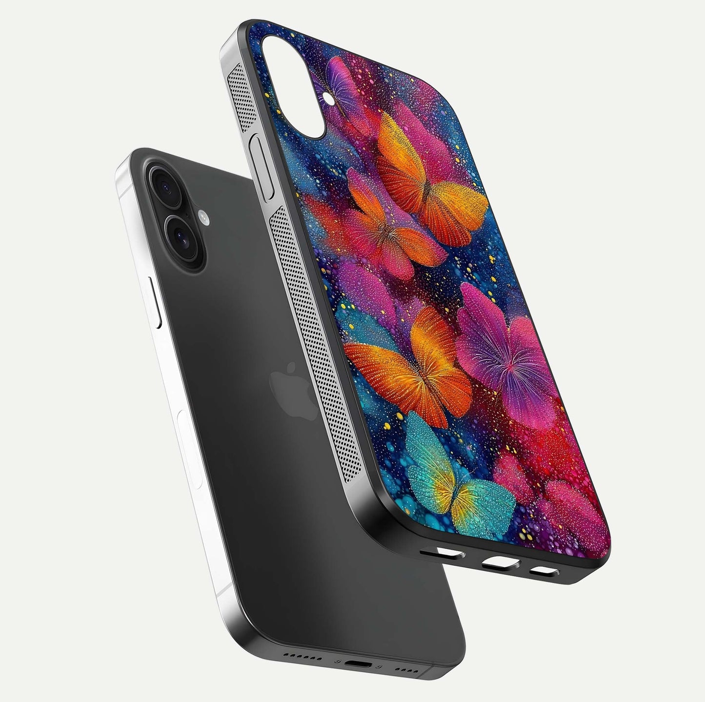 Butterfly Dream Mist Glass Case for iPhone 16 Plus floating mockup displaying glass shine and ethereal art depth