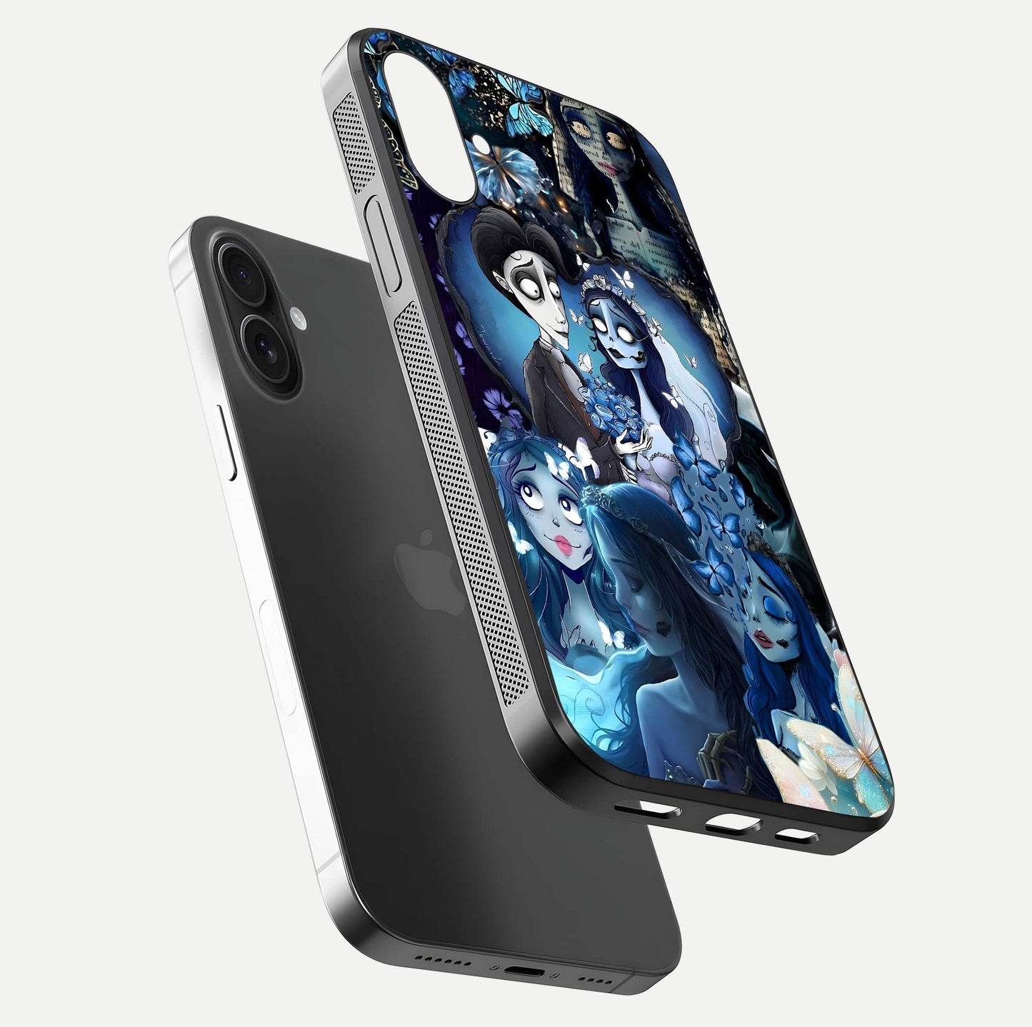 Butterfly Ghost Soul Glass Case for iPhone 16 Plus floating mockup showcasing spirit-like butterfly detail and gloss