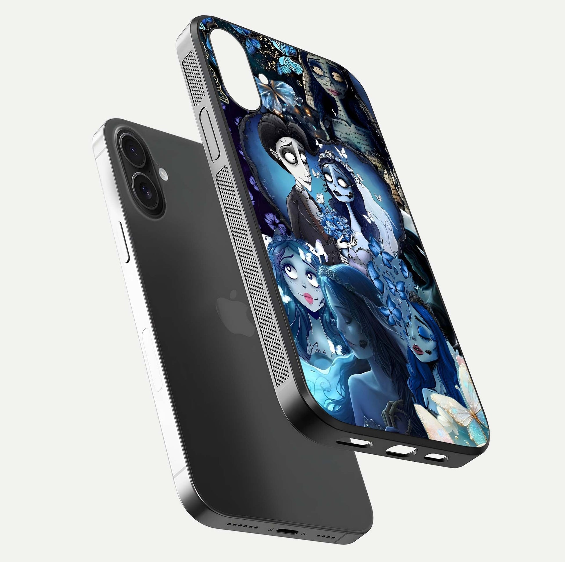 Butterfly Ghost Soul Glass Case for iPhone 16 Plus floating mockup showcasing spirit-like butterfly detail and gloss
