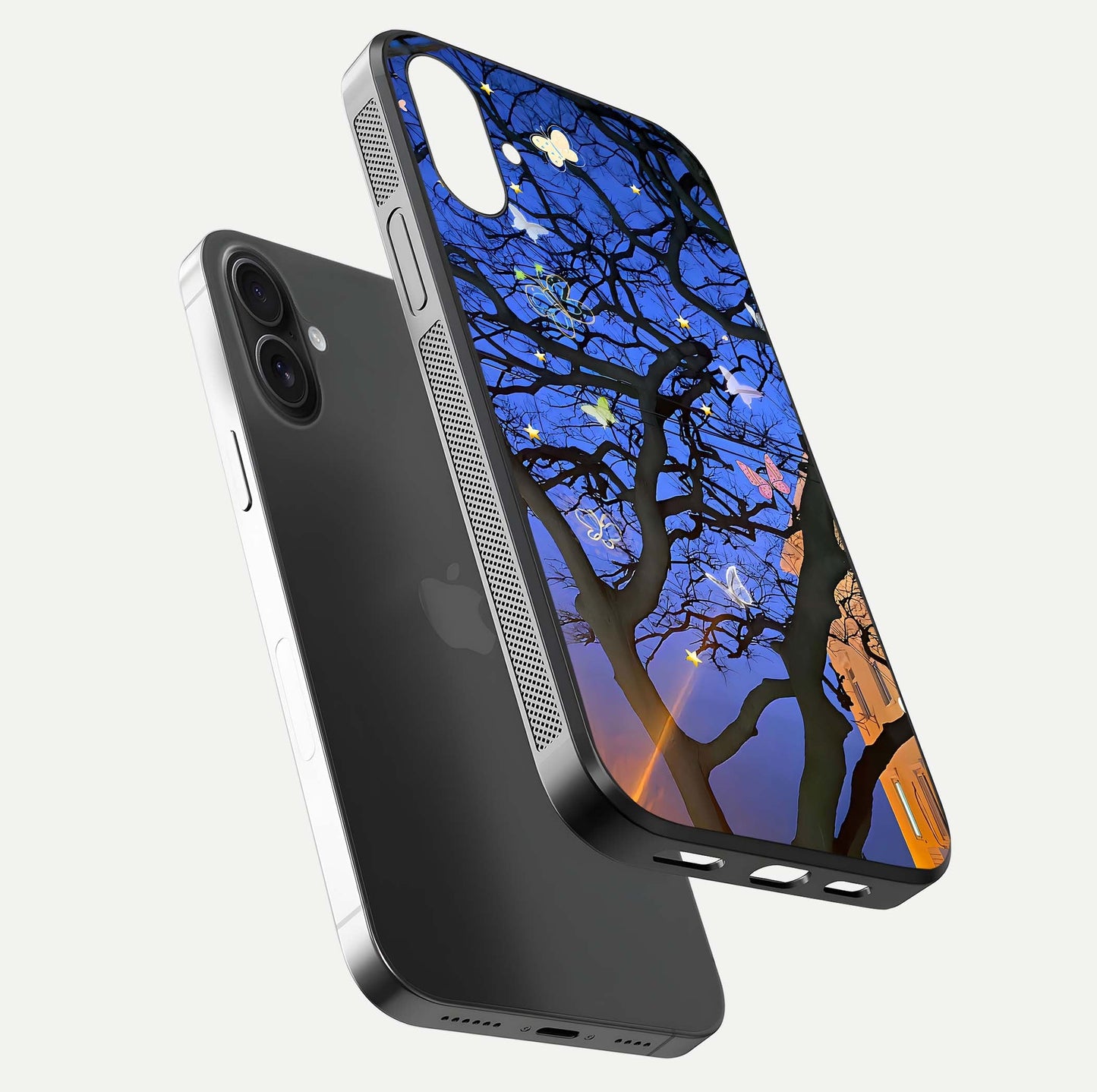 Butterfly Night Magic Glass Case for iPhone 16 Plus floating mockup showing night glow and smooth polish