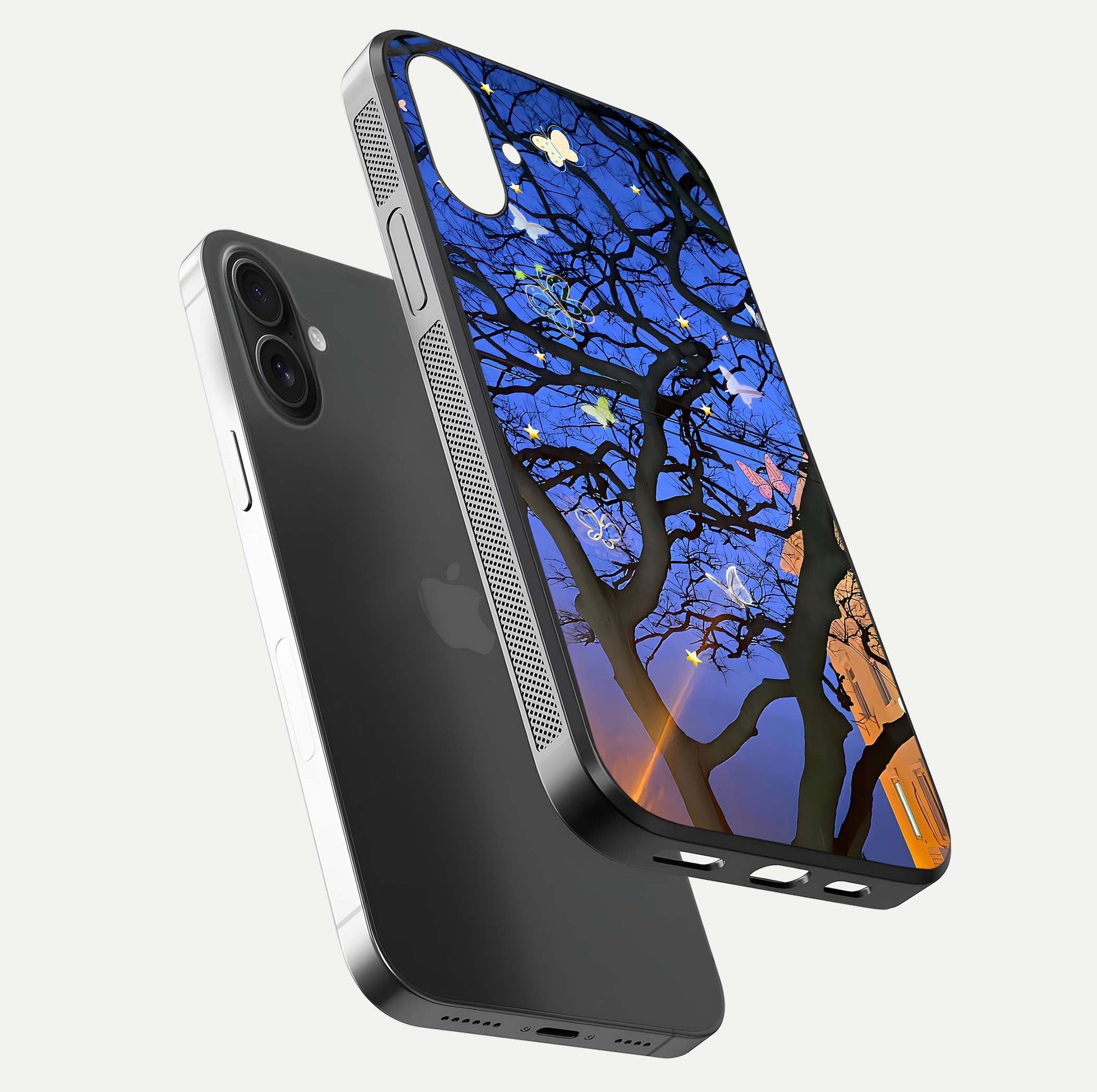 Butterfly Night Magic Glass Case for iPhone 16 Plus floating mockup showing night glow and smooth polish