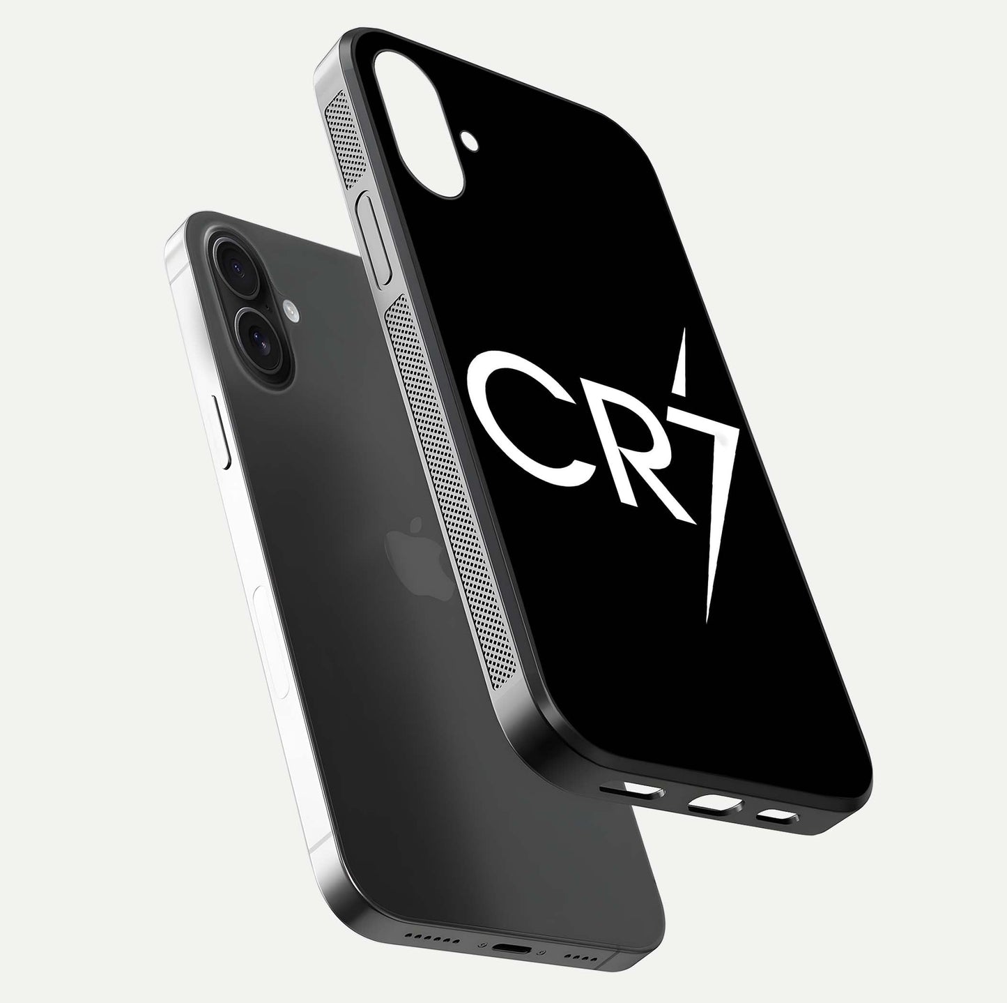 CR7 Elite Strike Glass Case for iPhone 16 Plus floating mockup displaying HD gloss and sporty texture
