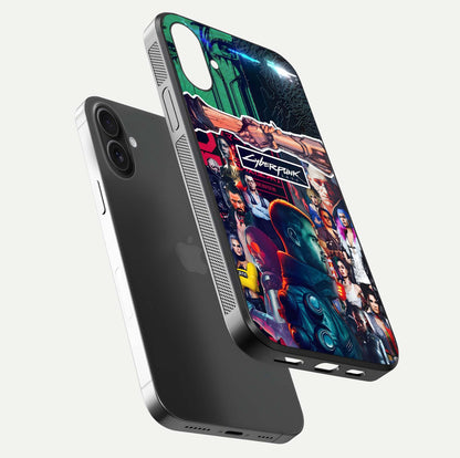 CYBERPUNK Legacy Glass Case for iPhone 16 Plus floating mockup showing HD gloss and neon glow detail