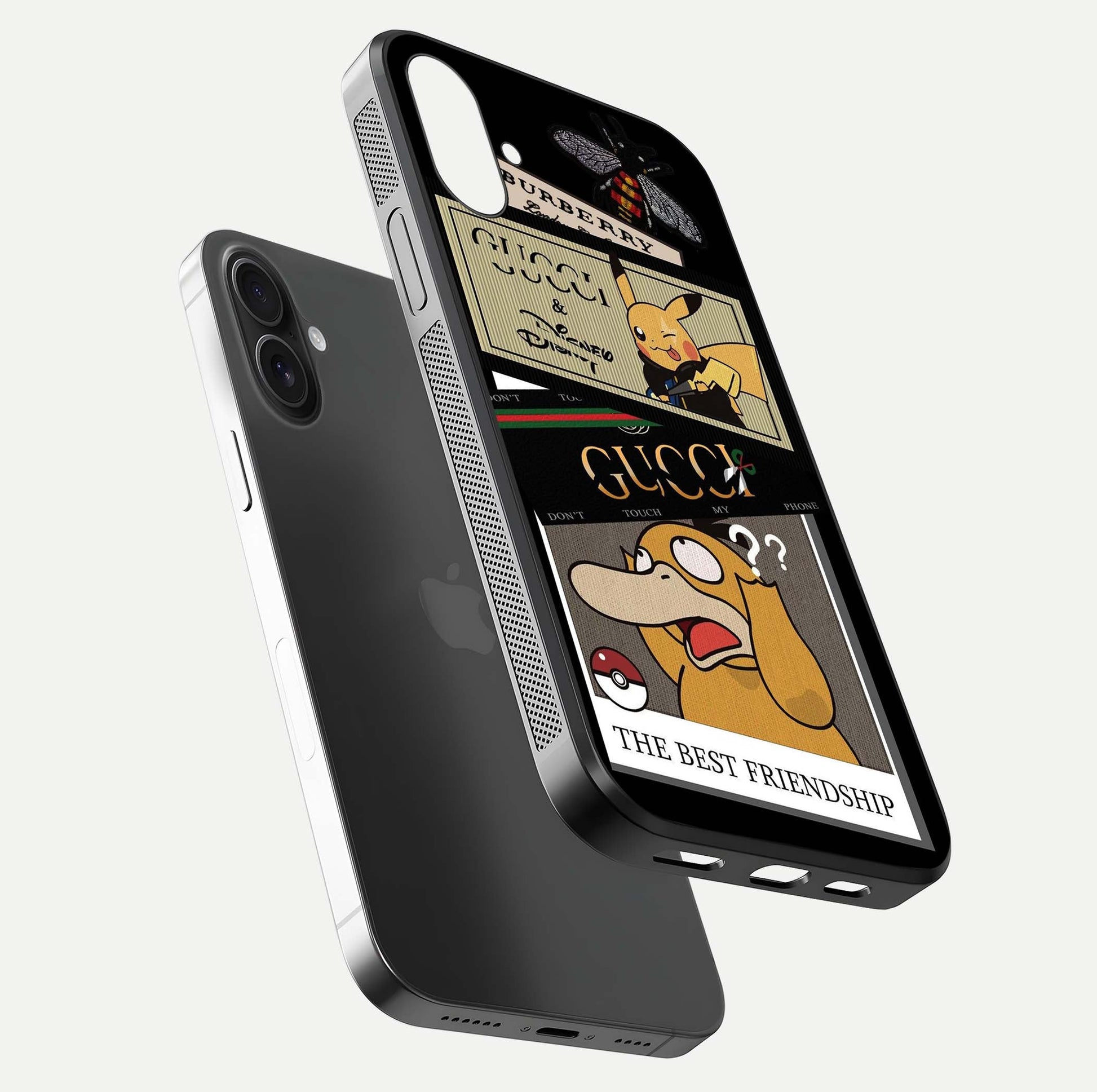Cartoon Brand Play Mashup Glass Case for iPhone 16 Plus floating dual-view mockup showing gloss surface and vivid reflection