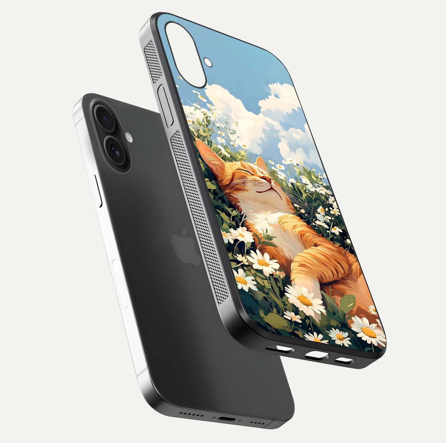 Cat & Flowers View Glass Case for iPhone 16 Plus floating mockup showing design reflection and protective edges