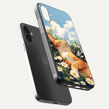 Cat & Flowers View Glass Case for iPhone 16 Plus floating mockup showing design reflection and protective edges