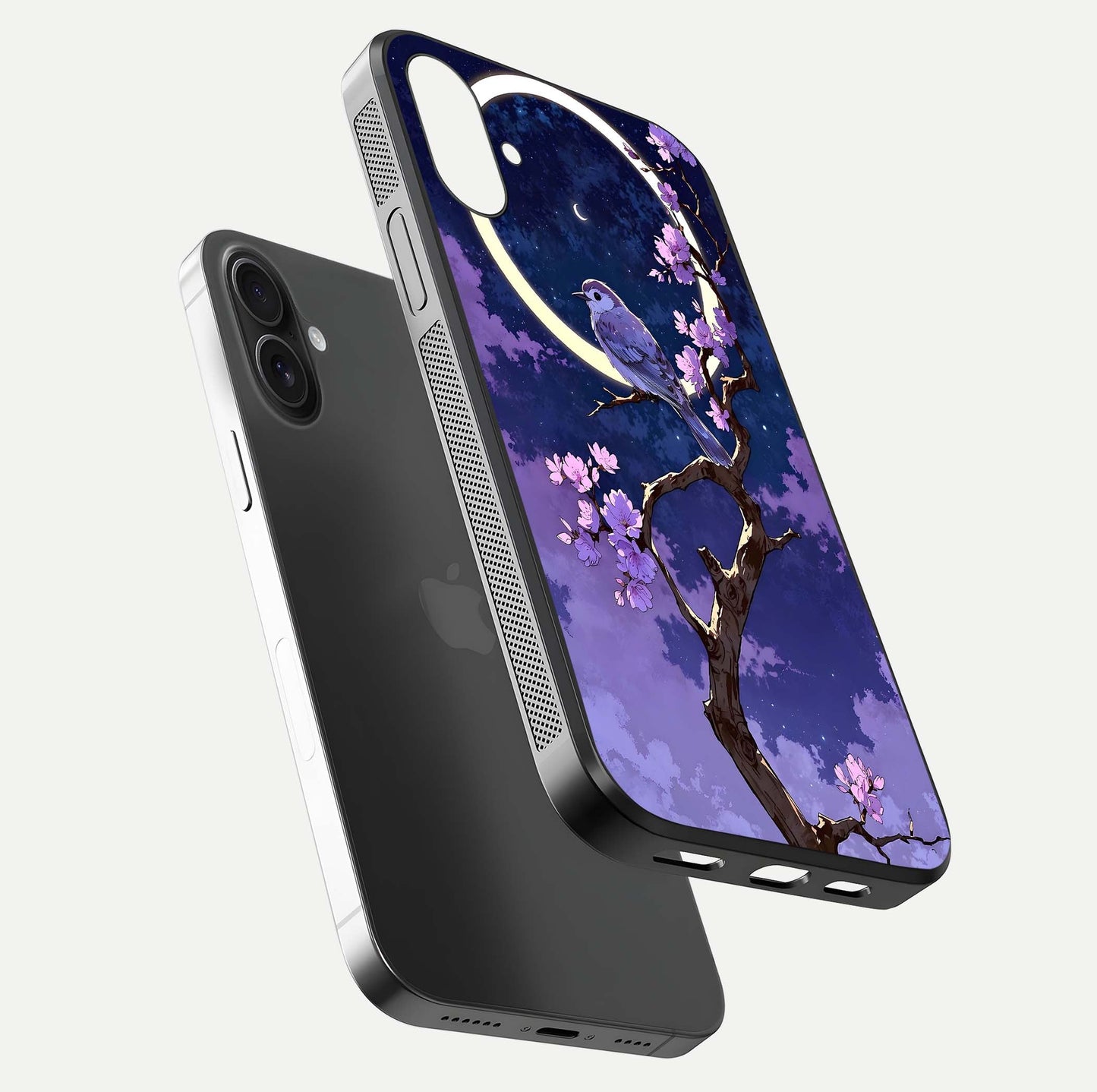 Celestial Bird Blossom Glass Case for iPhone 16 Plus floating mockup showing cosmic floral tones and HD gloss
