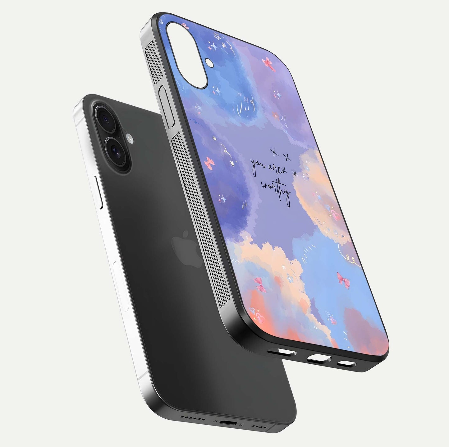 Celestial Cloud Magic Glass Case for iPhone 16 Plus floating mockup displaying cloud aura and HD finish
