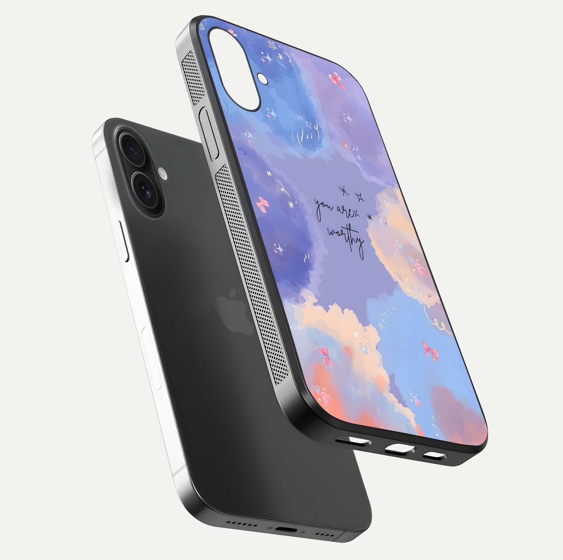Celestial Cloud Magic Glass Case for iPhone 16 Plus floating mockup displaying cloud aura and HD finish