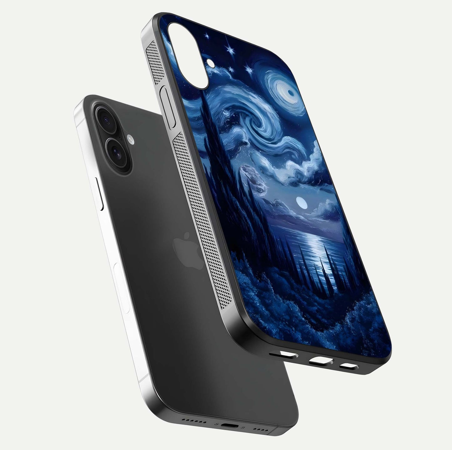 Celestial Dream Van Gogh Glass Case for iPhone 16 Plus floating mockup highlighting cosmic tones and smooth gloss