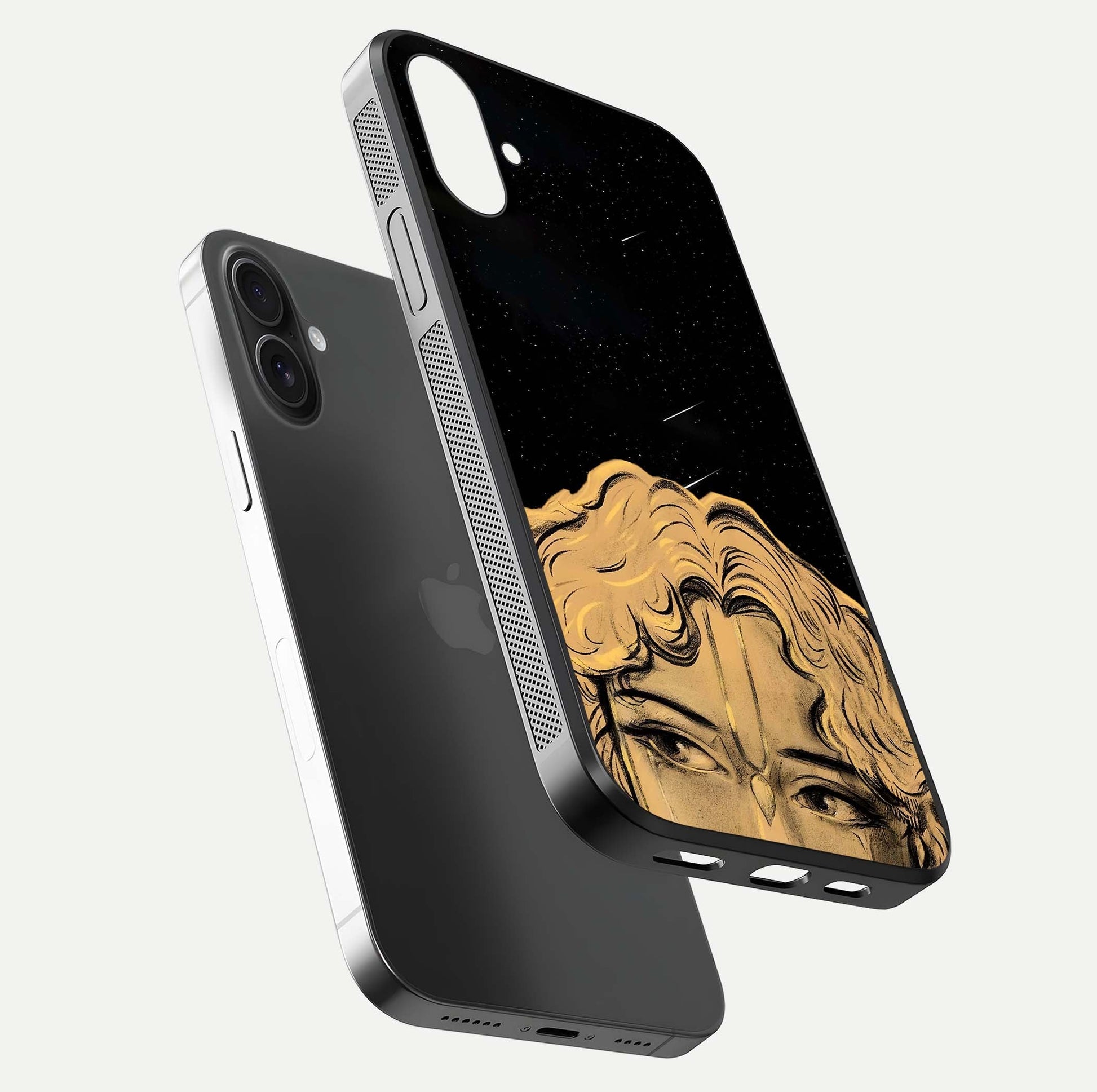Celestial God’s Plan Glass Case for iPhone 16 Plus floating dual-view mockup displaying gloss surface and vivid print