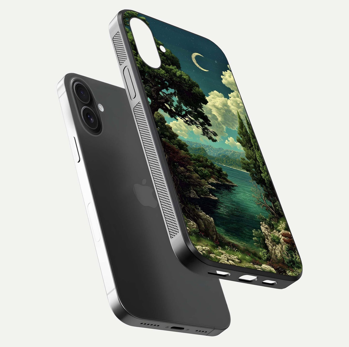 Celestial Lake Peace Glass Case for iPhone 16 Plus floating mockup capturing calm tones and smooth polish