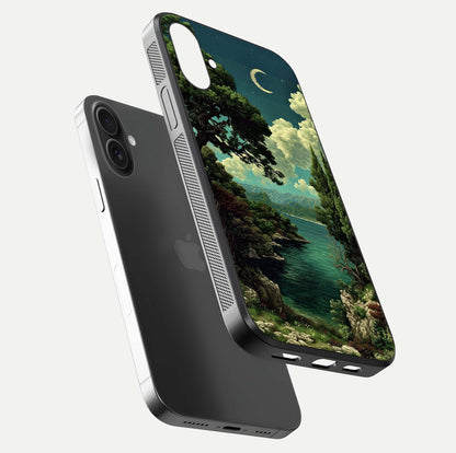Celestial Lake Peace Glass Case for iPhone 16 Plus floating mockup capturing calm tones and smooth polish