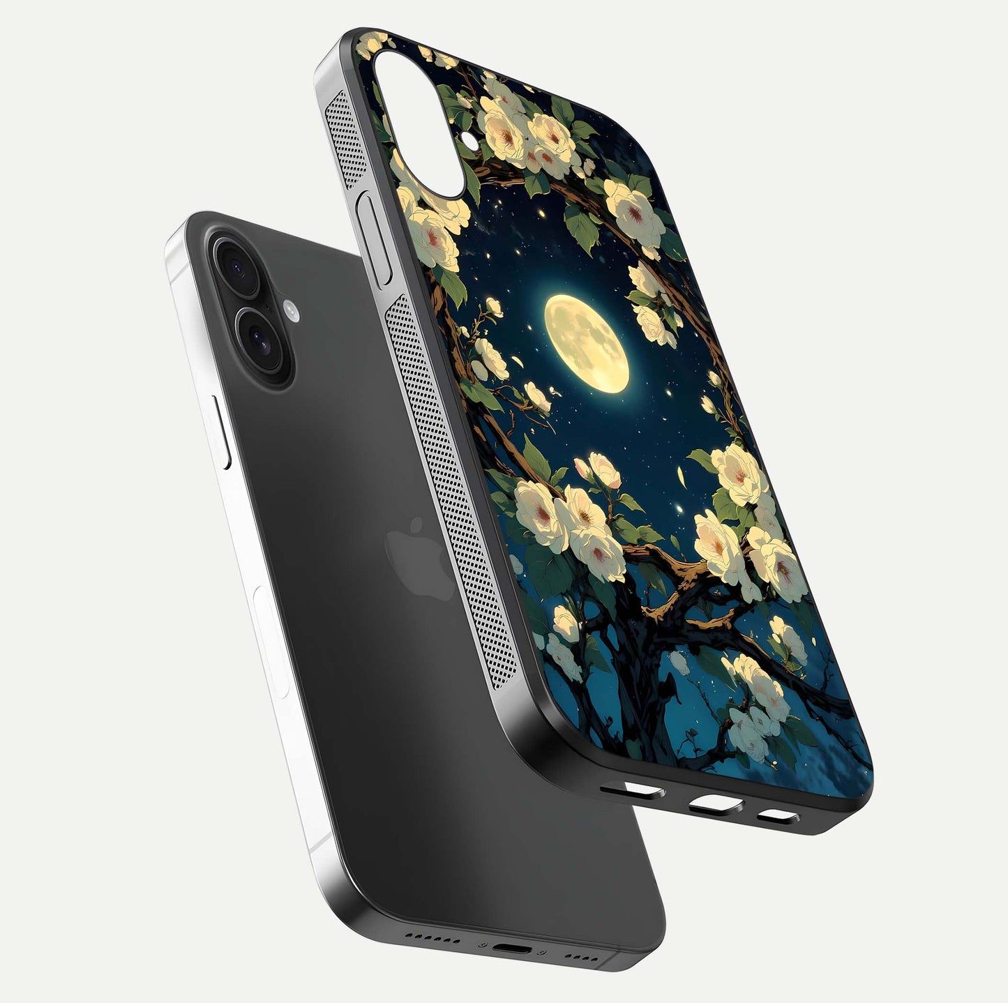 Celestial Moon & Flower Glass Case for iPhone 16 Plus floating mockup emphasizing HD shine and delicate texture