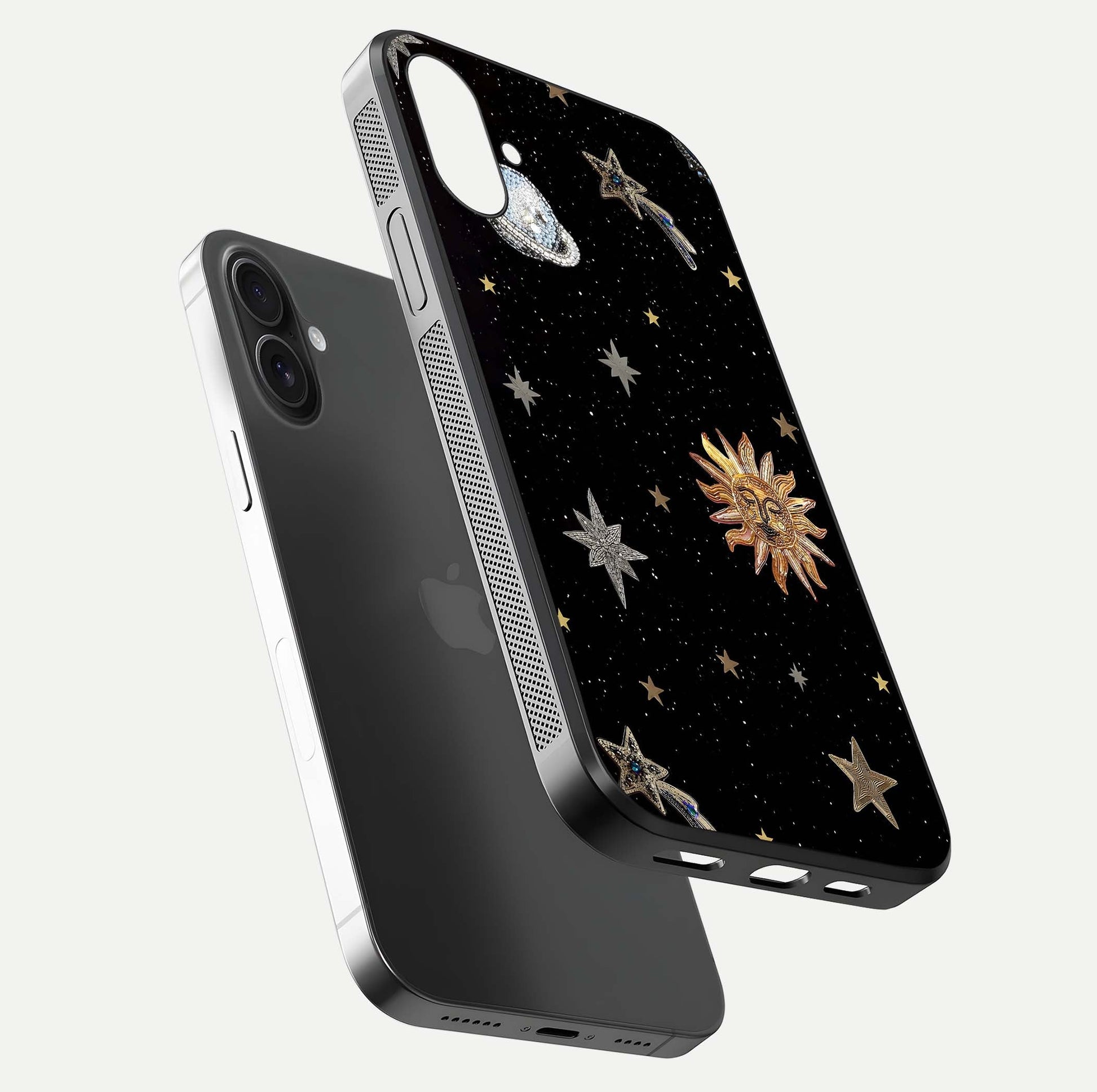 Celestial Moon With Stars Glass Case for iPhone 16 Plus floating mockup emphasizing star depth and gloss clarity