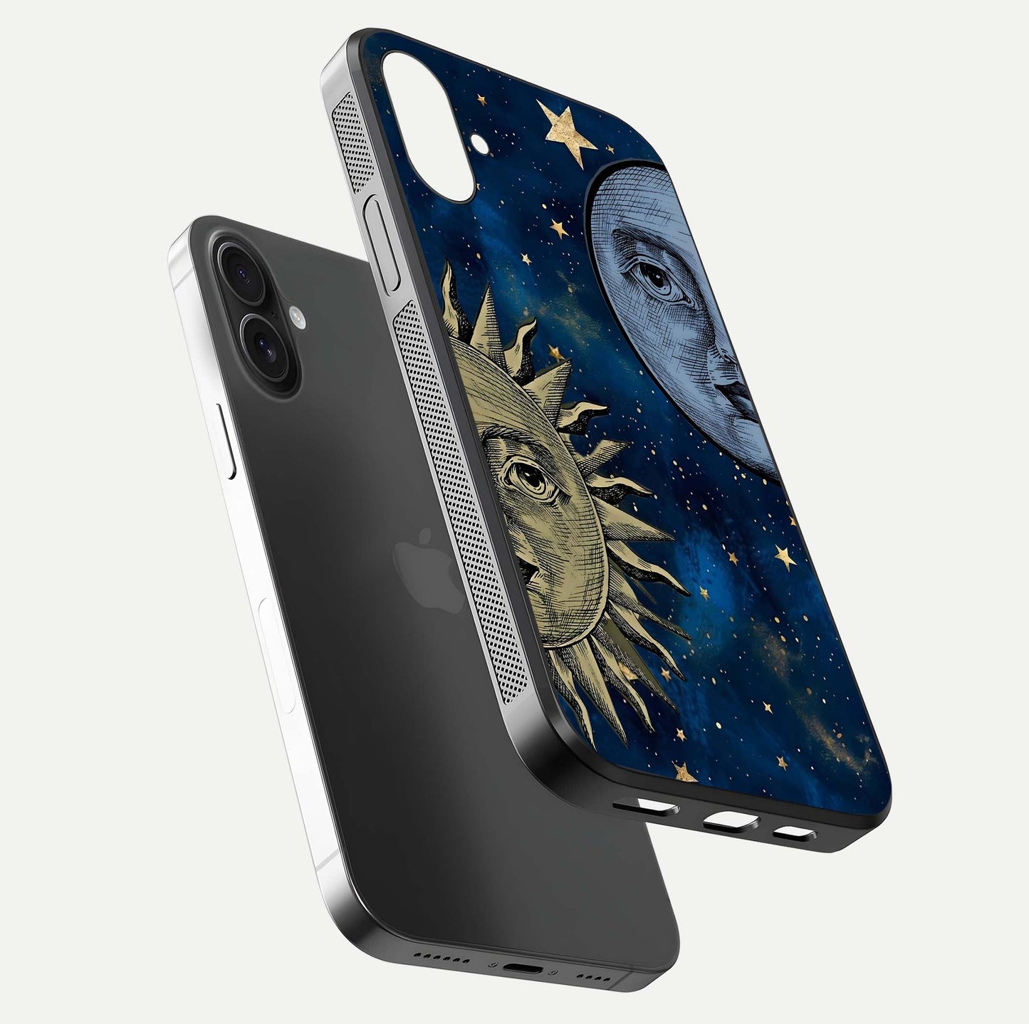 Celestial Moon With Sun Glass Case for iPhone 16 Plus floating mockup displaying vibrant contrast and HD gloss