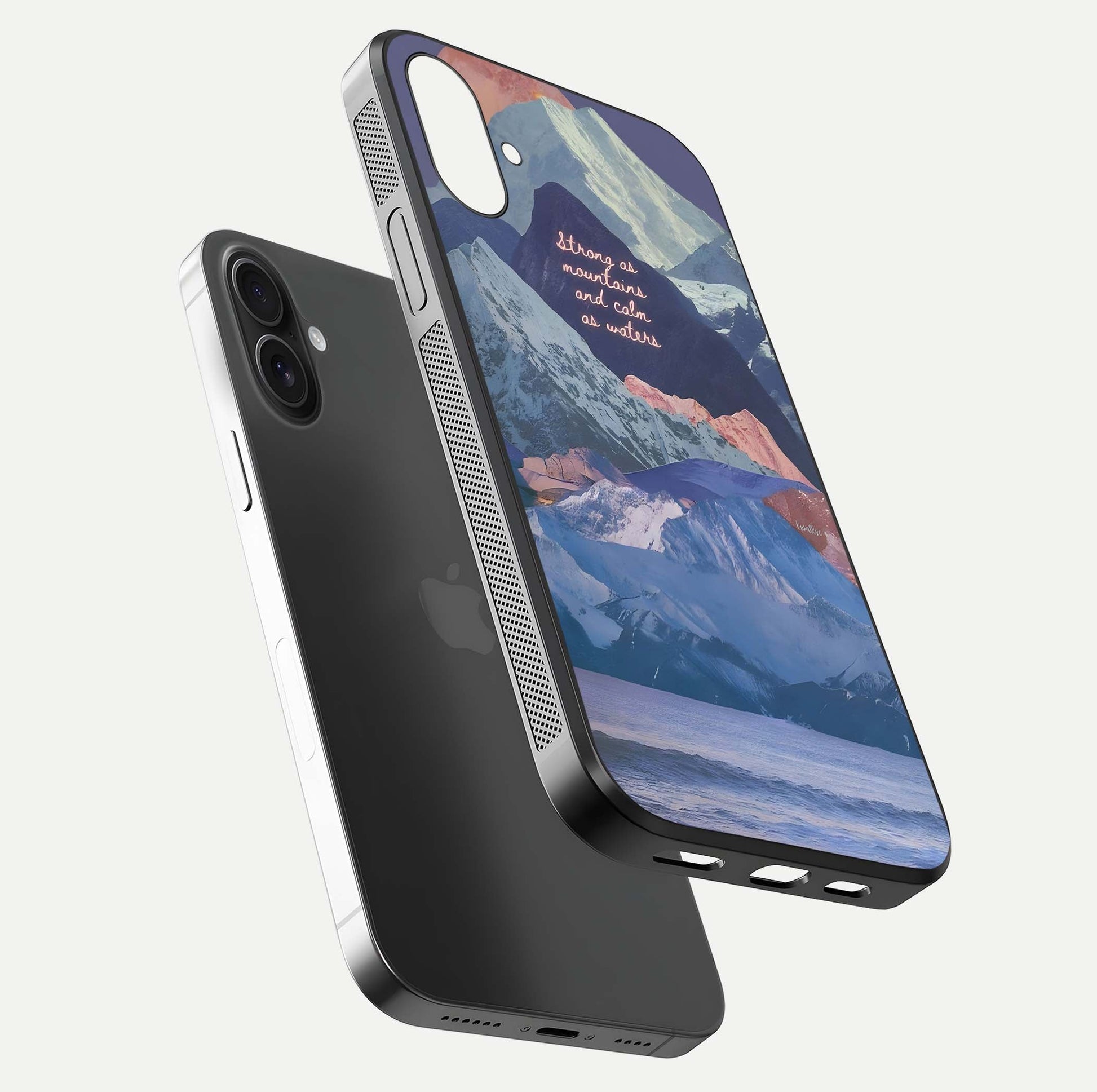 Celestial Mountain Calm Glass Case for iPhone 16 Plus floating mockup showing glow depth and polished edges