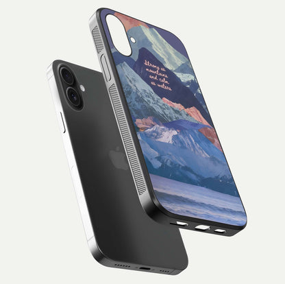 Celestial Mountain Calm Glass Case for iPhone 16 Plus floating mockup showing glow depth and polished edges