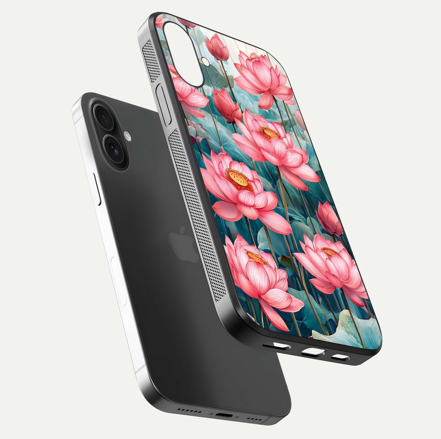 Celestial Pink Lotus Glass Case for iPhone 16 Plus floating mockup displaying cosmic tone and gloss surface