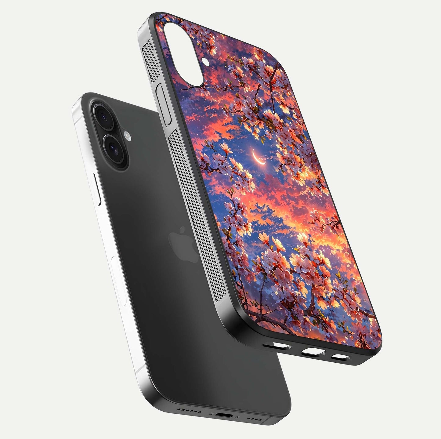 Celestial Sakura Sunset Glass Case for iPhone 16 Plus floating mockup capturing sunset hue and smooth gloss