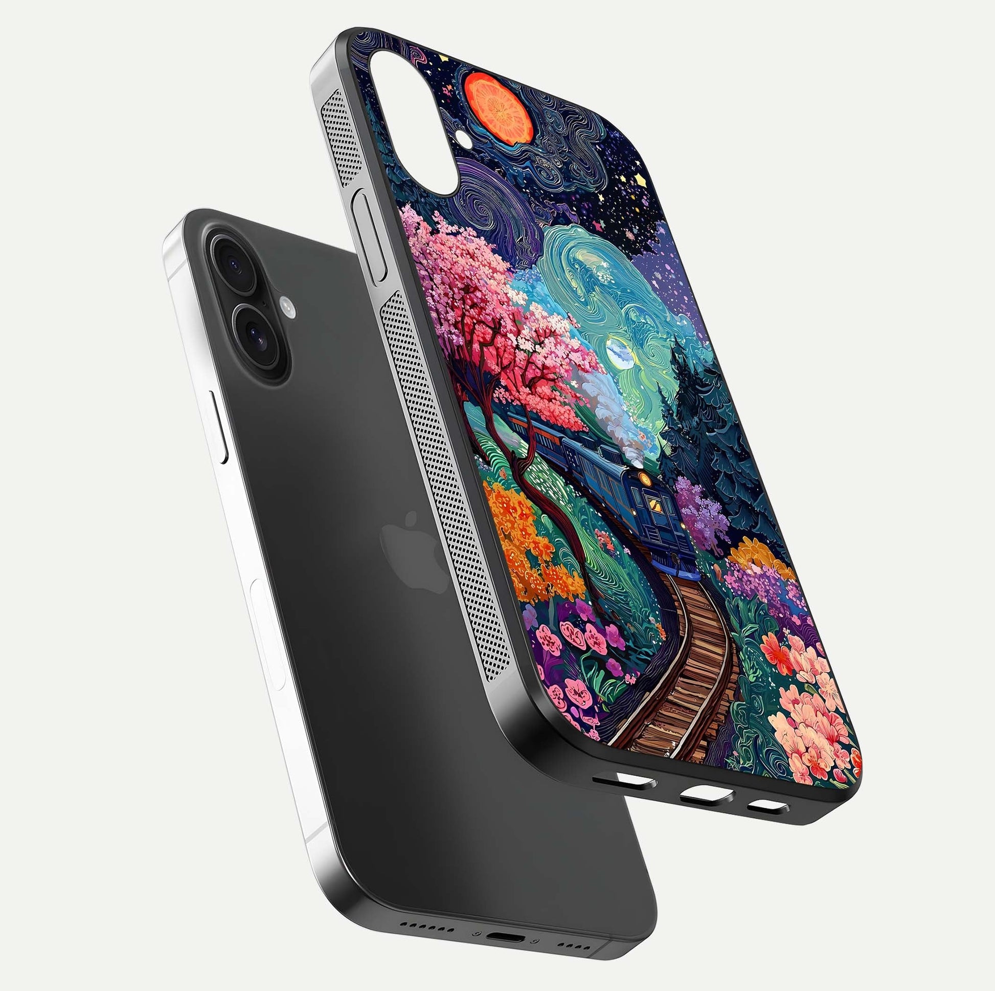Celestial Train Journey Glass Case for iPhone 16 Plus floating mockup capturing gloss reflection and deep night hues