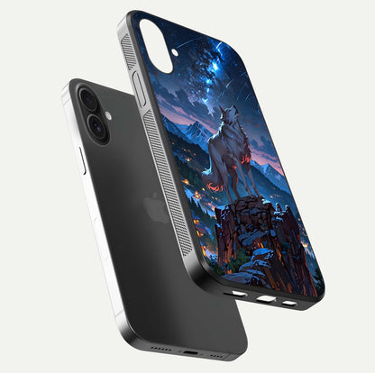 Celestial Wolf Howl Glass Case for iPhone 16 Plus floating mockup capturing reflection depth and silver gloss