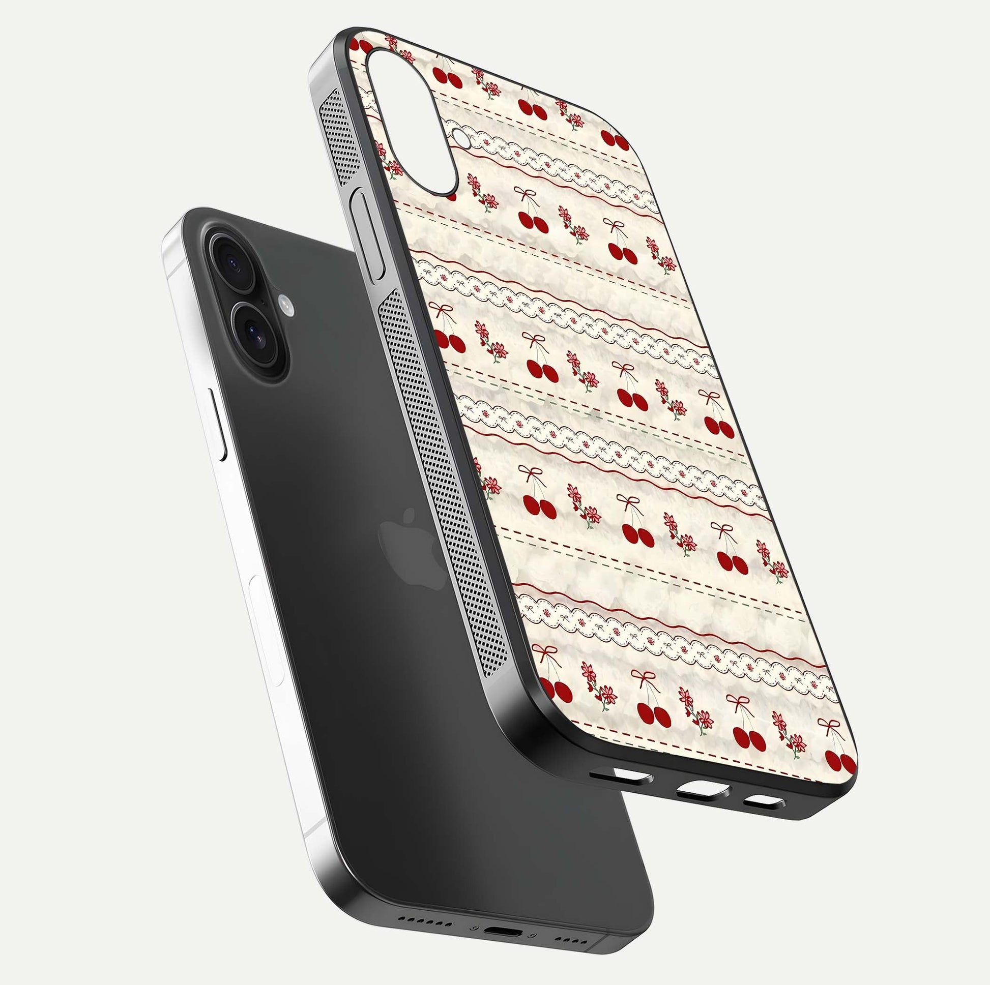 Cherry Bloom Charm Glass Case for iPhone 16 Plus floating mockup showing bloom texture and polished gloss