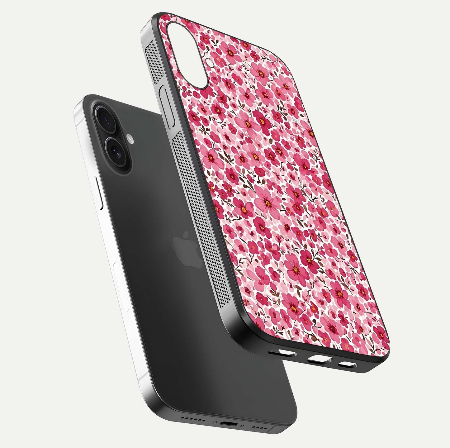 Cherry Blossom Charm Glass Case for iPhone 16 Plus floating mockup displaying pink tone flow and polished edges