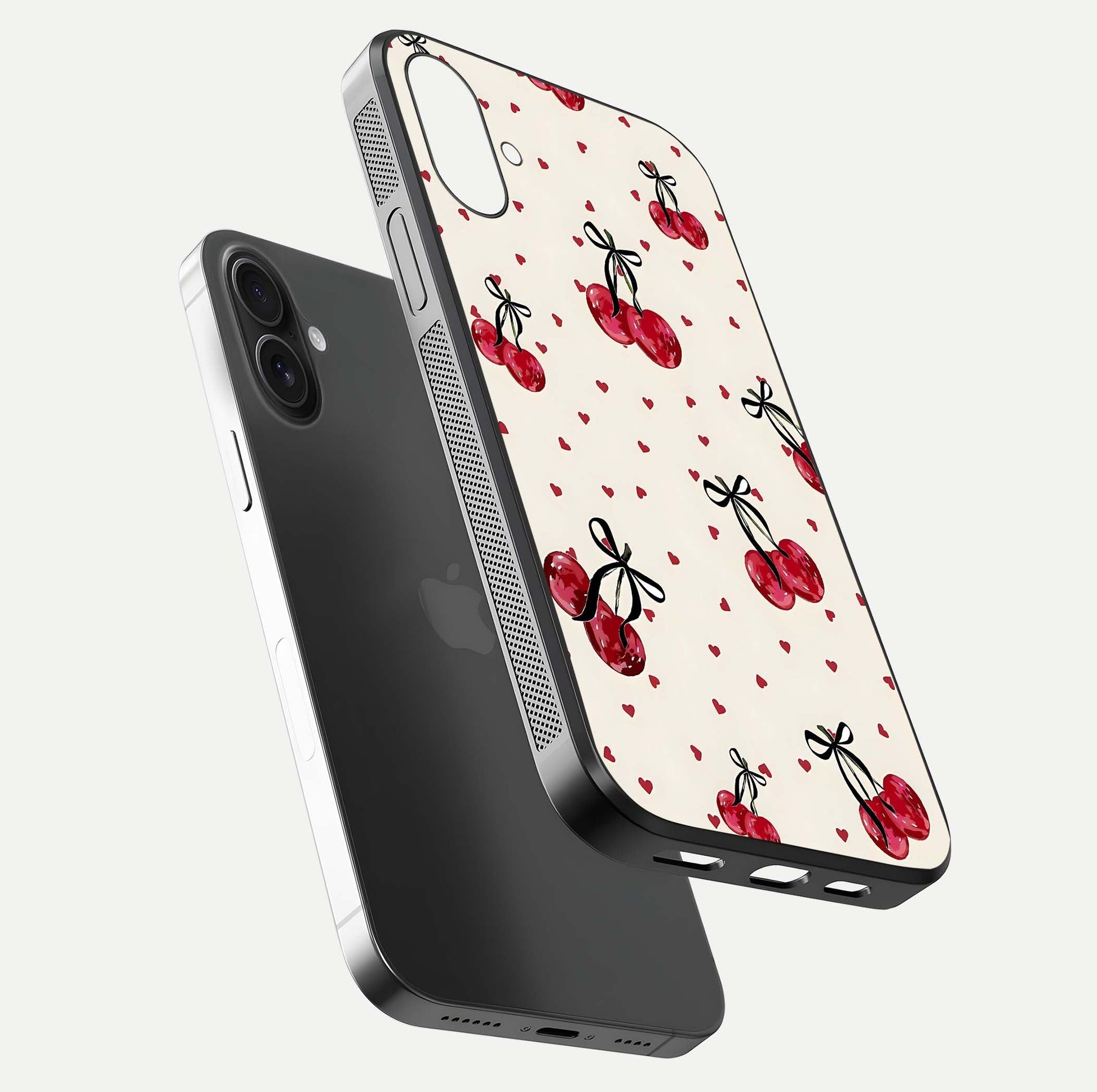Cherry Heart Bow Glass Case for iPhone 16 Plus floating mockup showing reflection and HD print detail