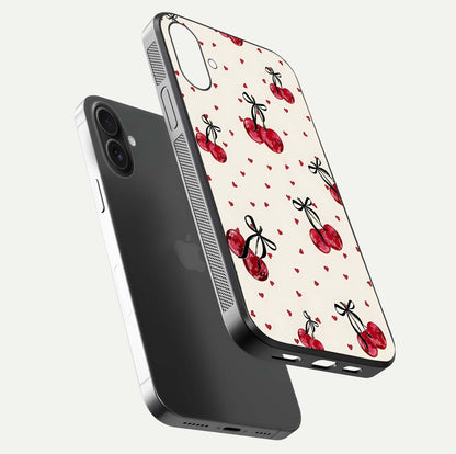 Cherry Heart Bow Glass Case for iPhone 16 Plus floating mockup showing reflection and HD print detail