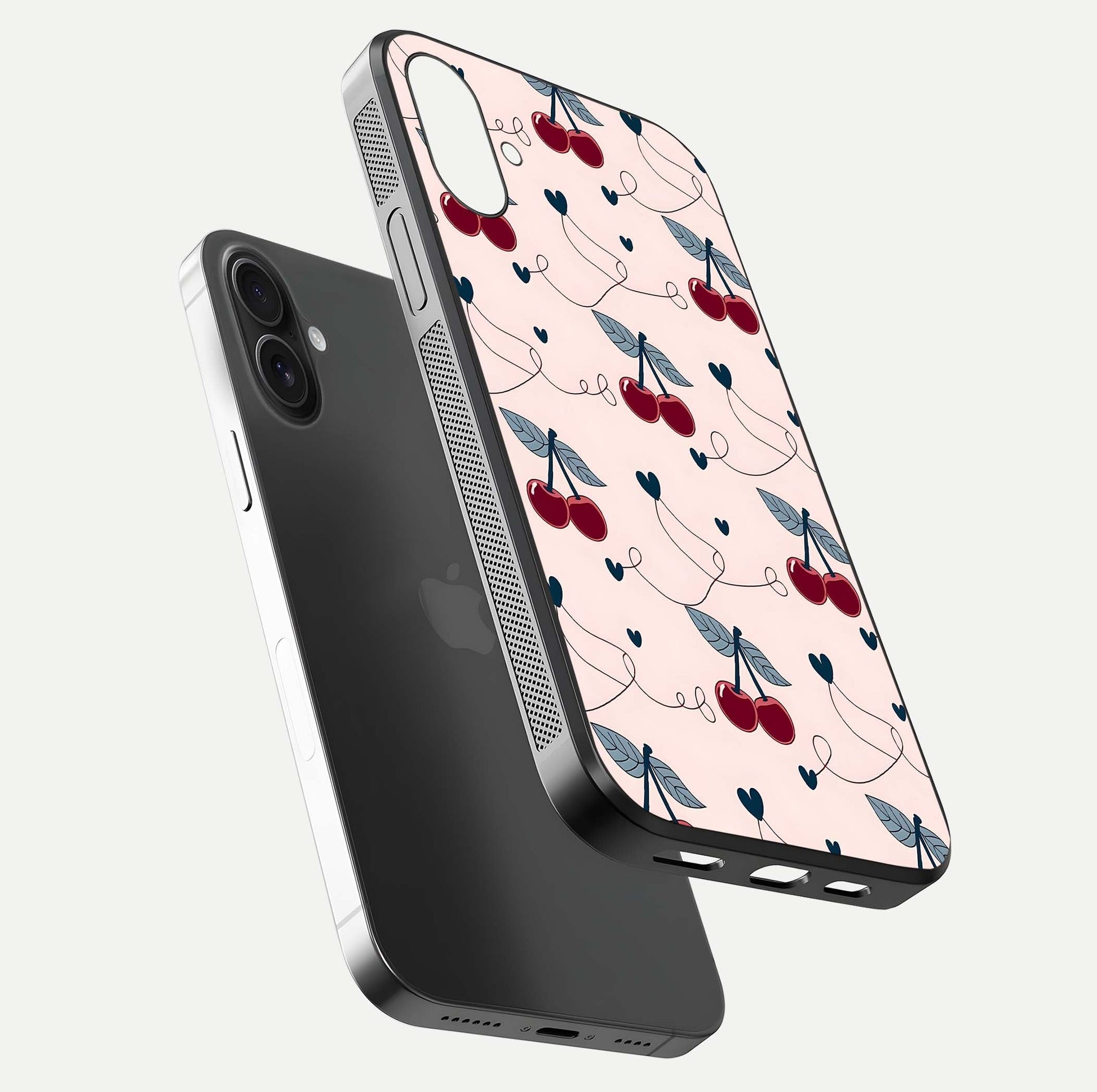 Cherry Heart Line Glass Case for iPhone 16 Plus floating mockup showing gloss polish and bright tones