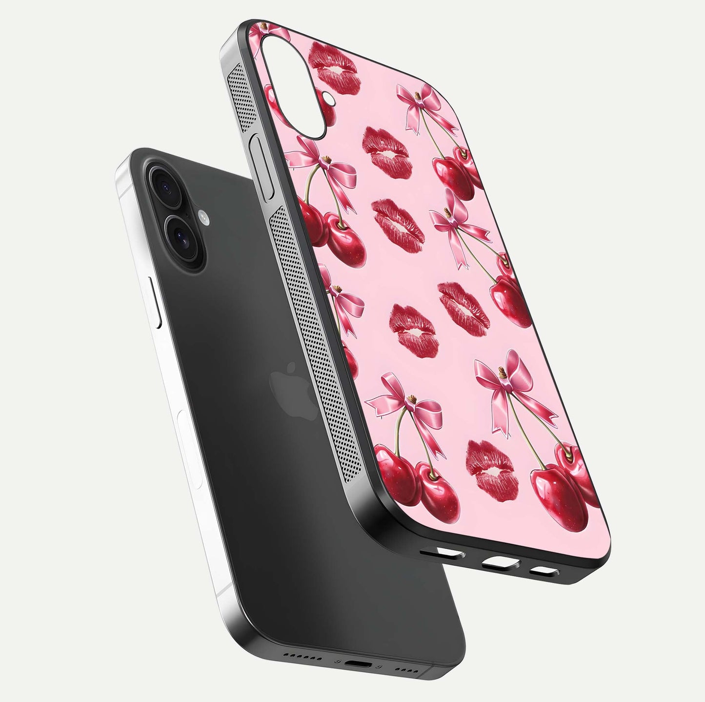 Cherry With Lips Glass Case for iPhone 16 Plus floating mockup showing HD gloss and pop-art inspired tones