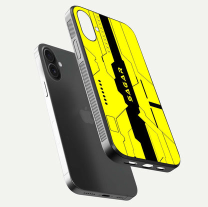 Circuit CYBERPUNK Custom Name Glass Case for iPhone 16 Plus floating mockup capturing glow effects and polished shine