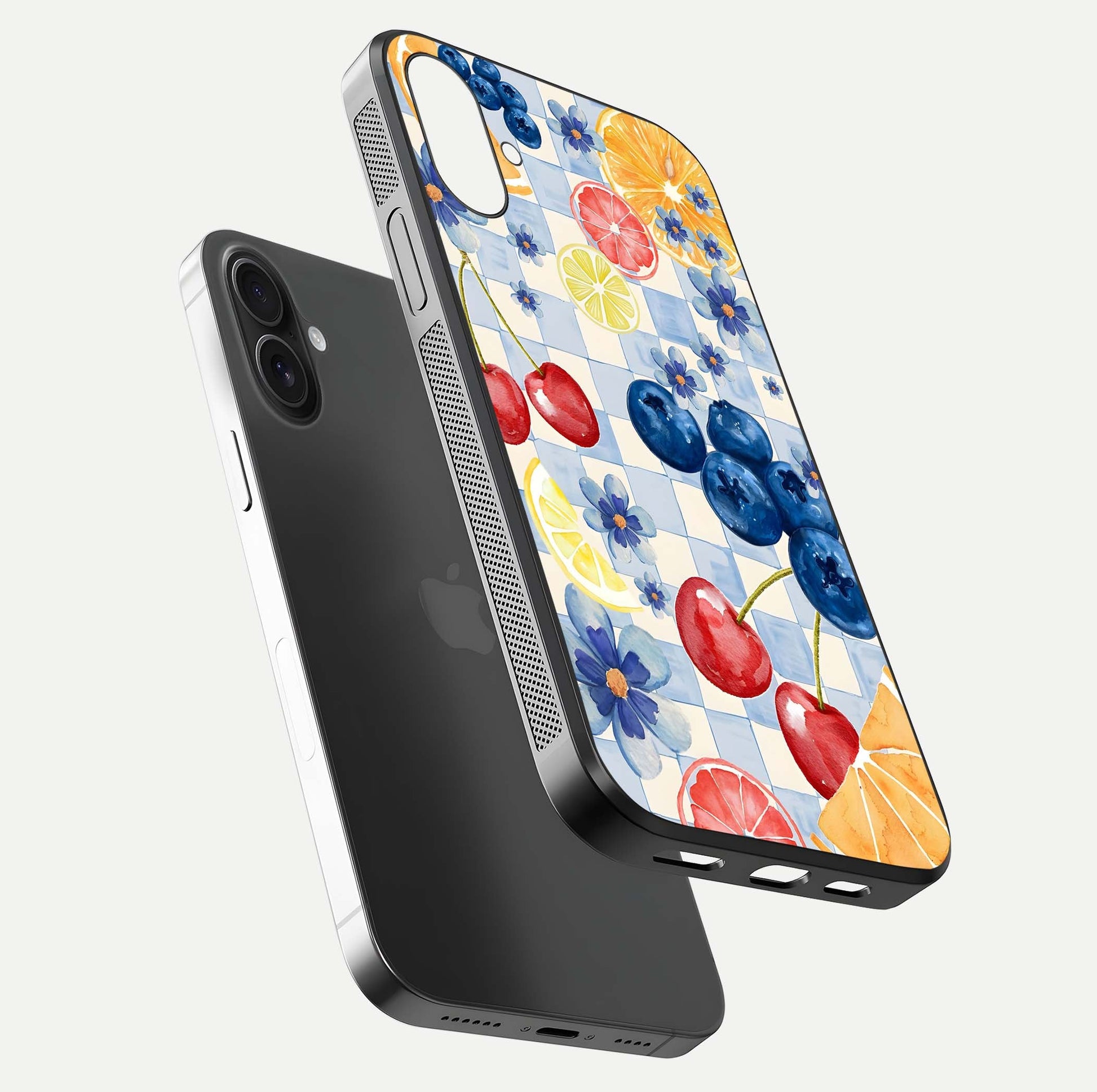 Citrus Bloom Joy Glass Case for iPhone 16 Plus floating mockup showing HD gloss and lively tone