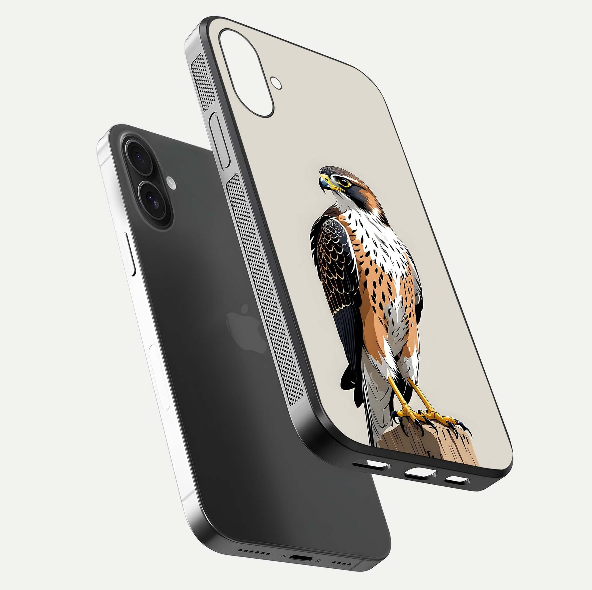 Clever Eagle Glass Case for iPhone 16 Plus floating mockup displaying sharp gloss and art contrast