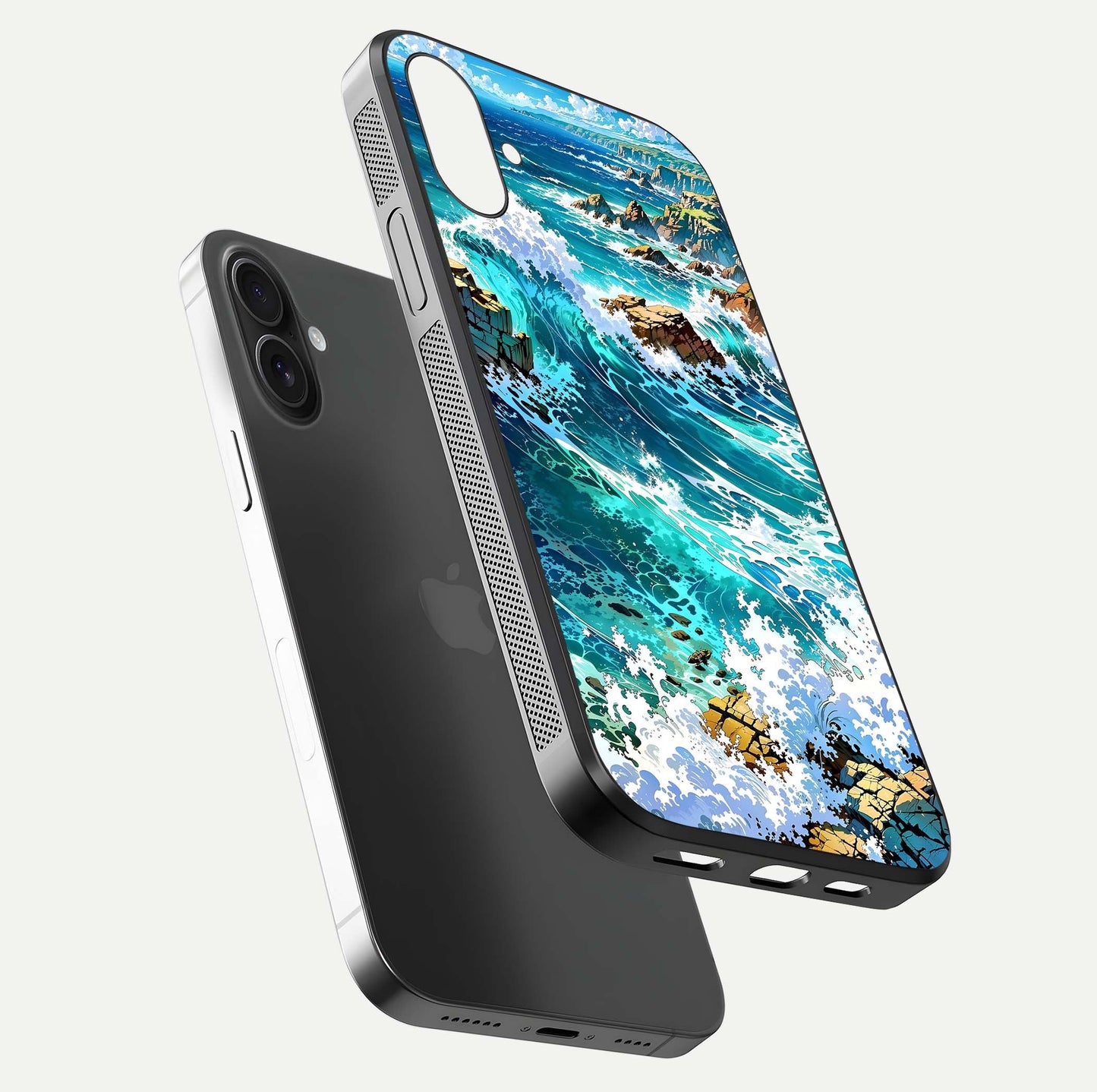 Coastal Blue Waves Glass Case for iPhone 16 Plus floating mockup showing HD reflection and wave details