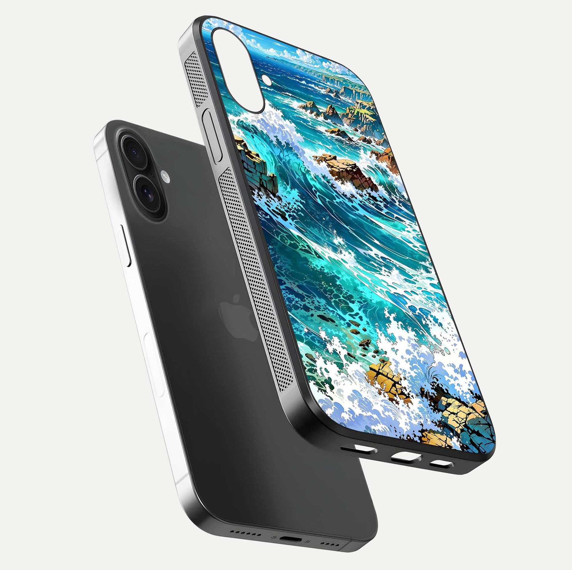 Coastal Blue Waves Glass Case for iPhone 16 Plus floating mockup showing HD reflection and wave details