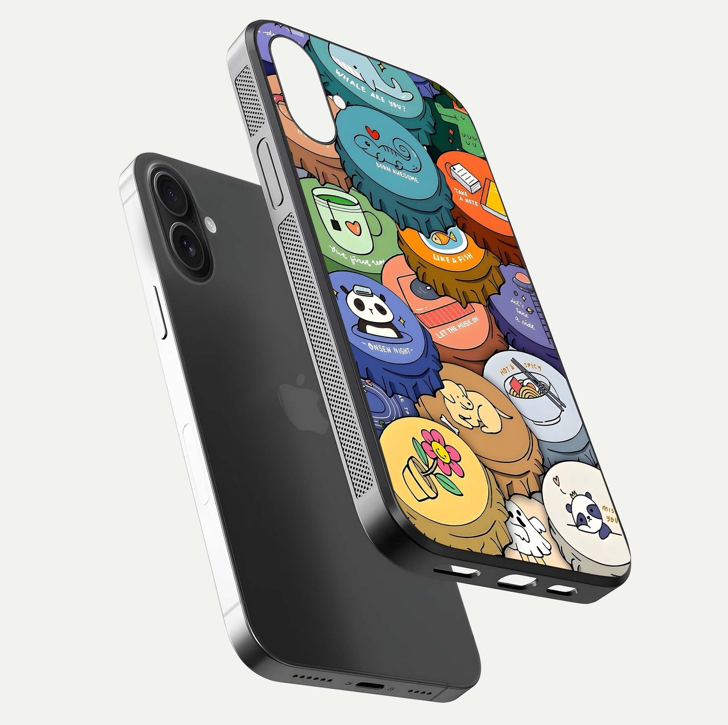 Coins Patterns Glass Case for iPhone 16 Plus floating mockup showing reflection depth and smooth tone