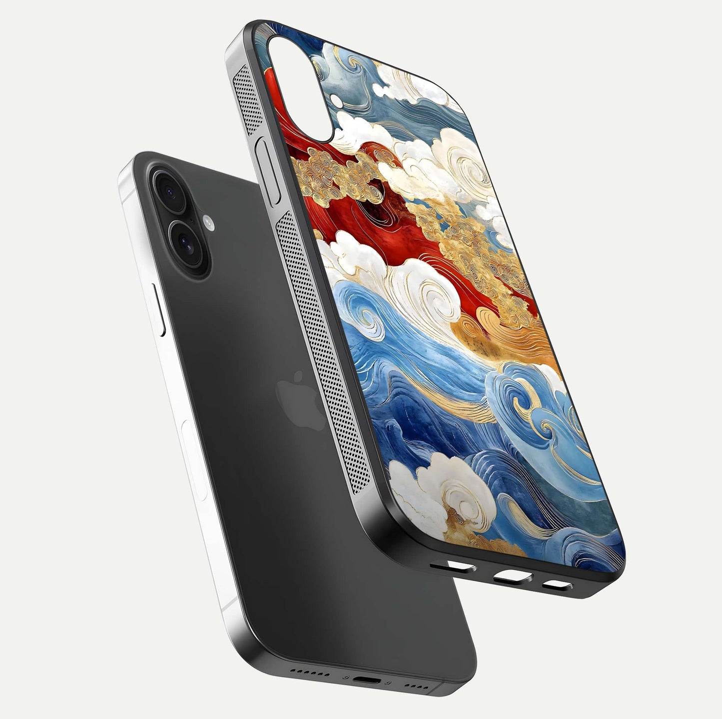 Colored Waves Glass Case for iPhone 16 Plus floating dual-view mockup displaying gloss finish and color contrast