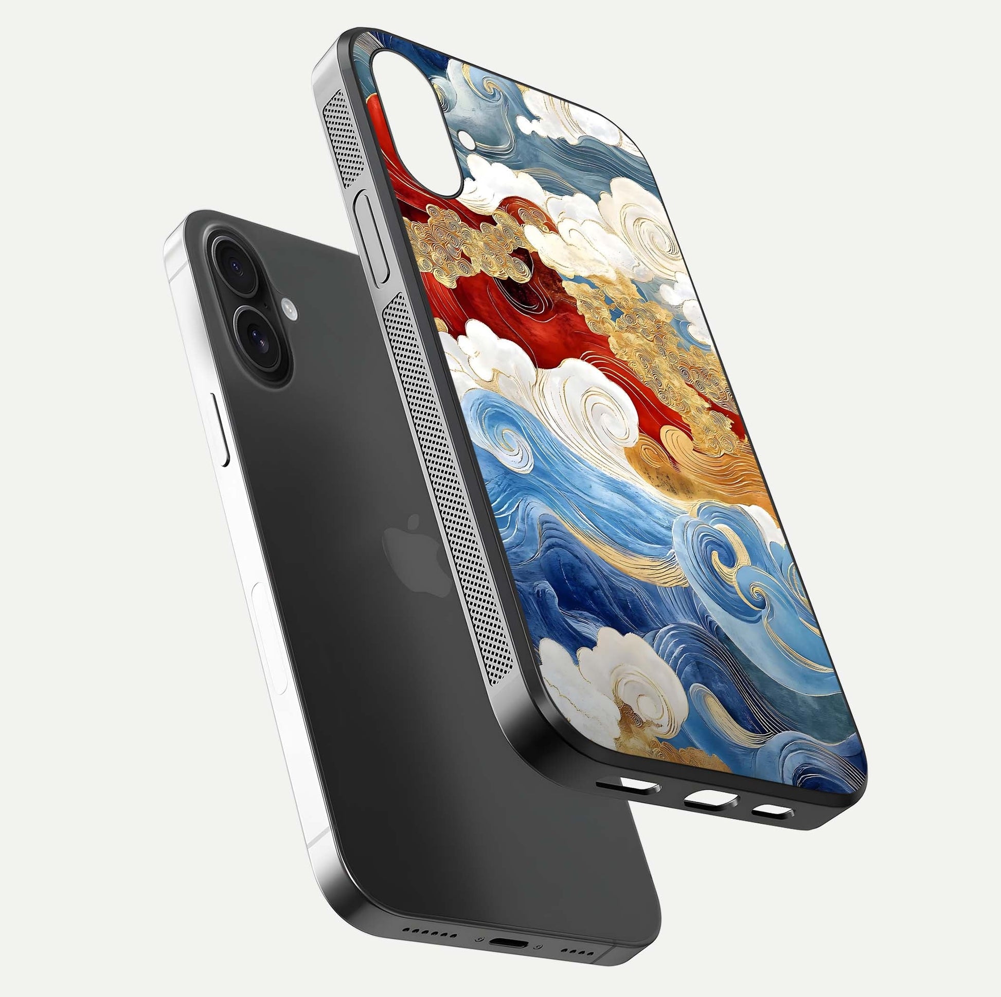 Colored Waves Glass Case for iPhone 16 Plus floating dual-view mockup displaying gloss finish and color contrast