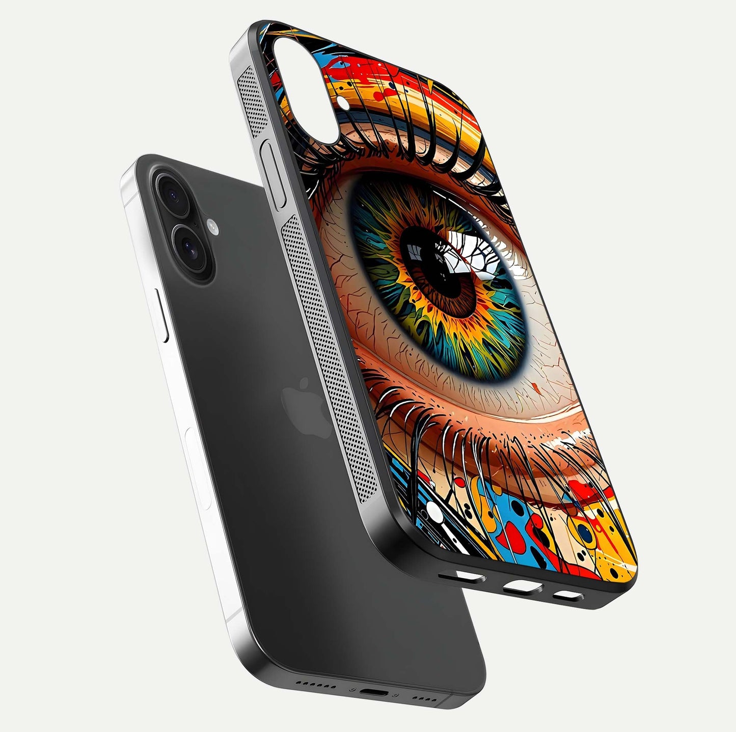 Colorful Eye Glass Case for iPhone 16 Plus floating mockup showing bright contrast and gloss clarity