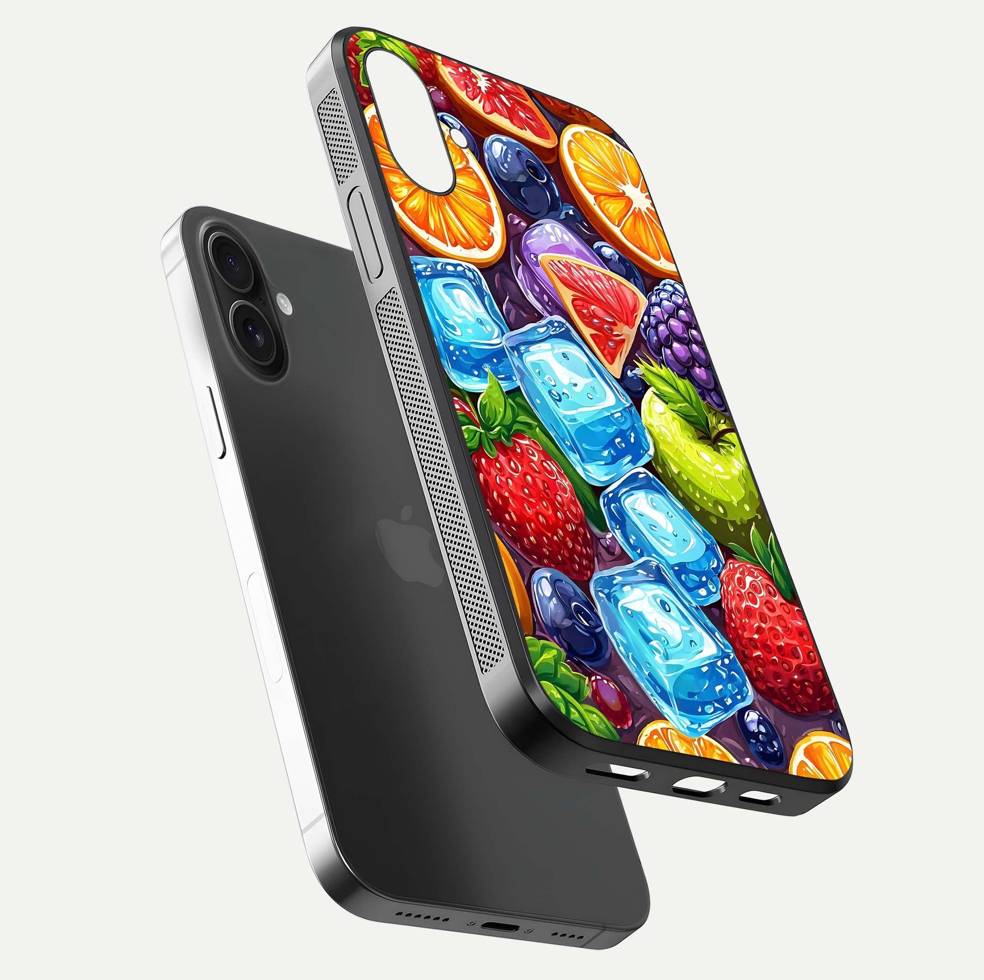 Colorful Fruits with Ice Glass Case for iPhone 16 Plus floating mockup showing bright shine and crystal clarity