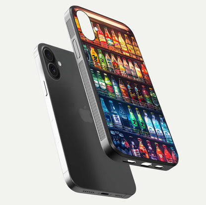 Colorful Soda Bottles Glass Case for iPhone 16 Plus floating mockup showing light reflection and bright gloss